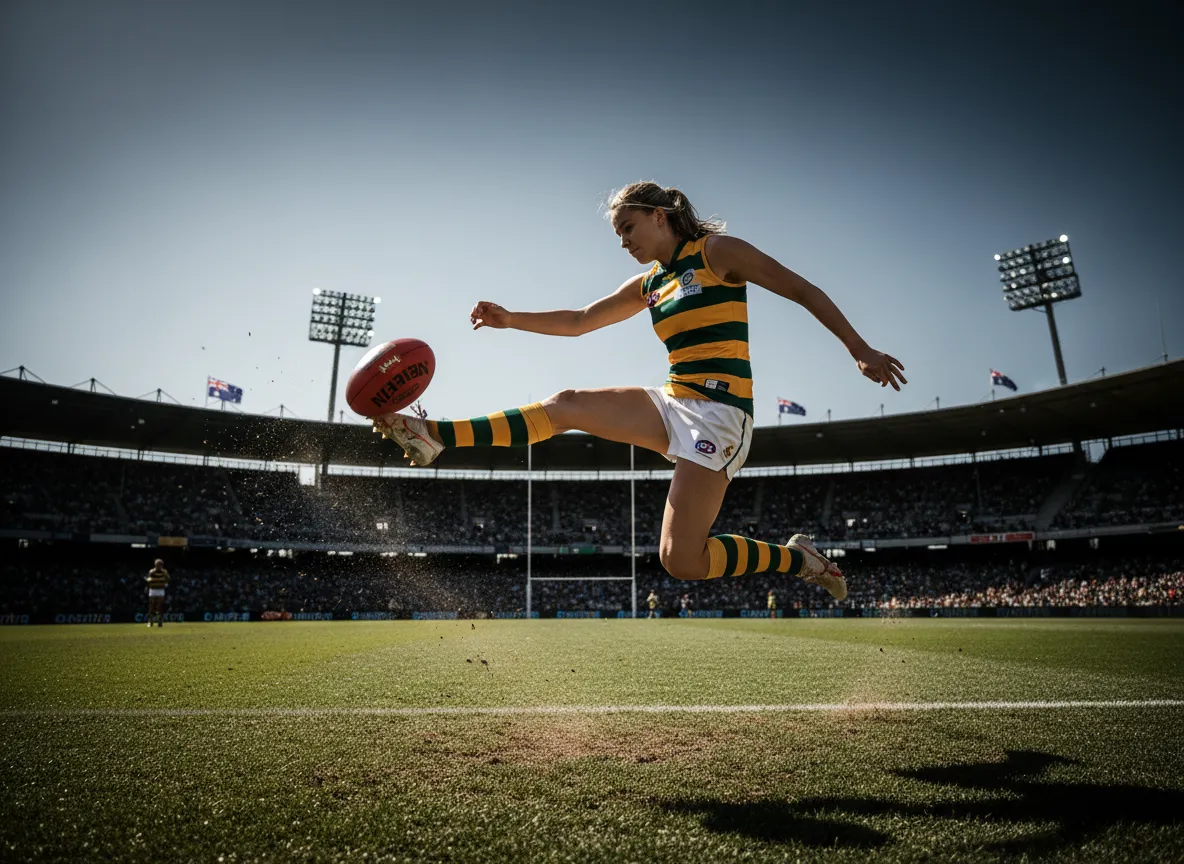 AFL player kicking a ball in a stadium